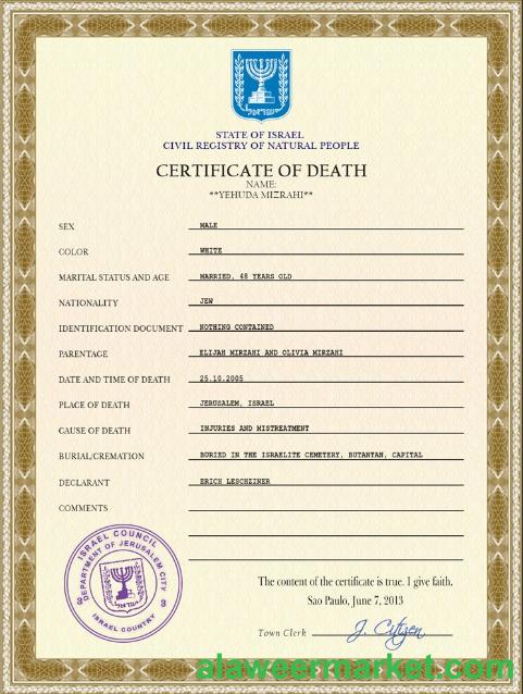 Israel death certificate PSD template